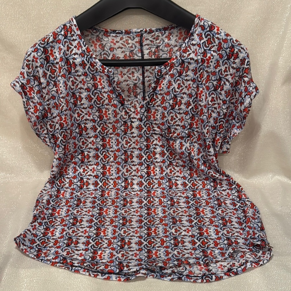 Red and Blue Puff Sleeve Blouse with Notched Collar